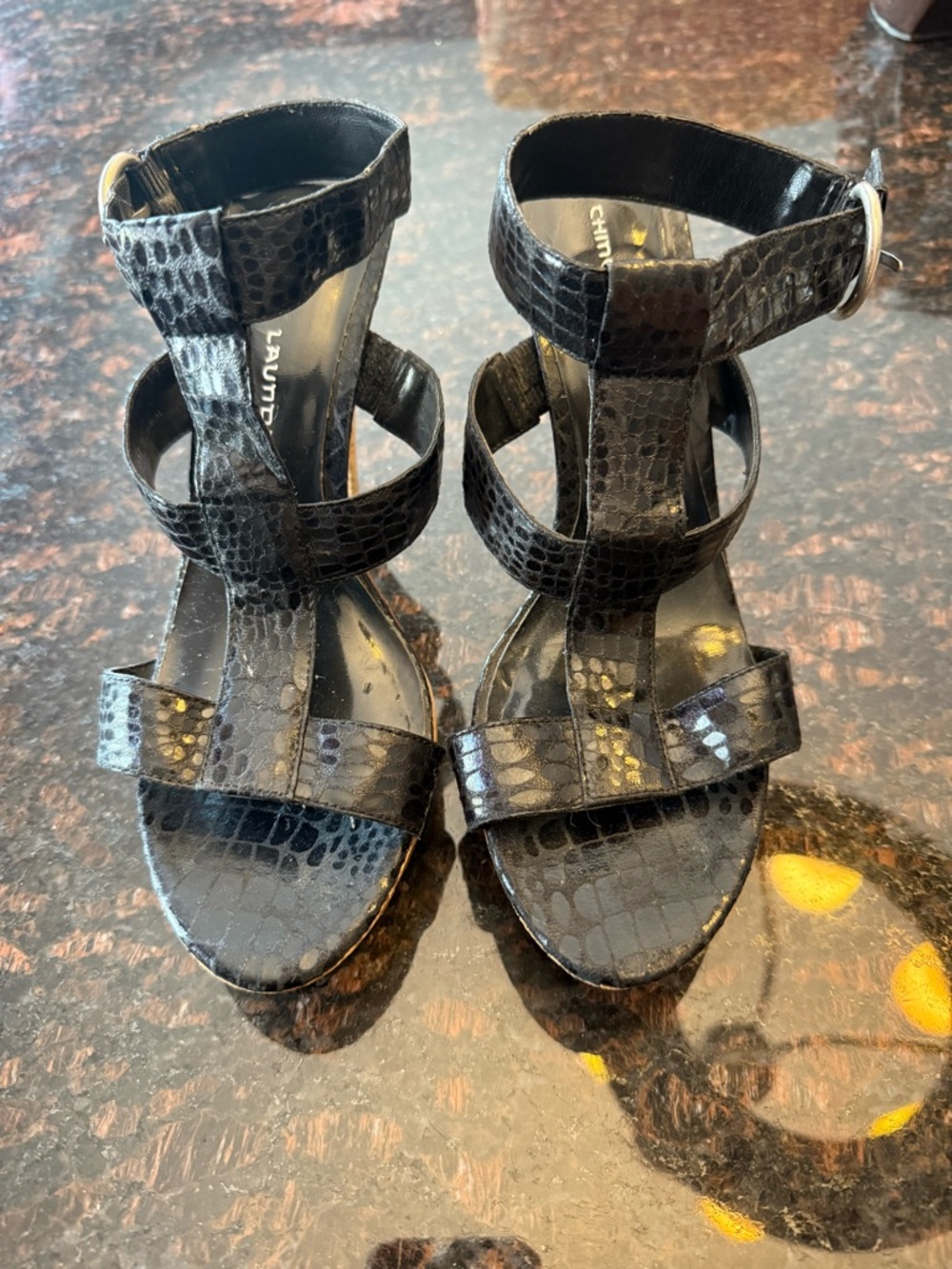 Chinese Laundry Black Snake-Embossed Strappy Heels